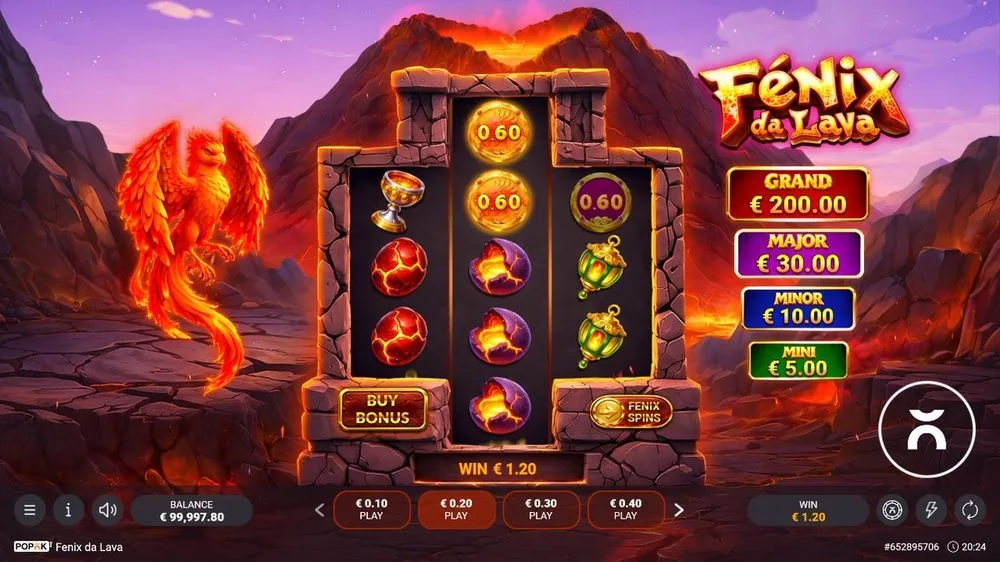 Een basiswinst van € 1,20: drie cash-munten van 0,60 boven in beeld, met lava-eieren en een groene lantaarn eronder. Zo ziet een typische kleine winst eruit — passend bij de lage volatiliteit van deze slot.