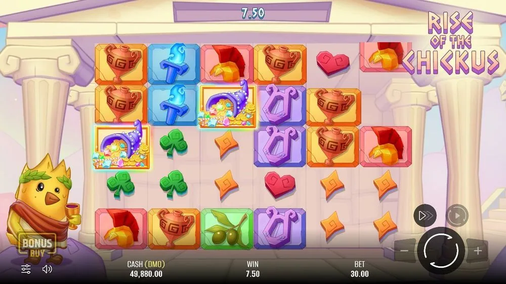 Basisspel met twee opgelichte schathoorns en een winst van 7,50 bovenin de teller. Het pay-anywhere-principe in actie: gelijke symbolen betalen ongeacht waar ze op het raster liggen.