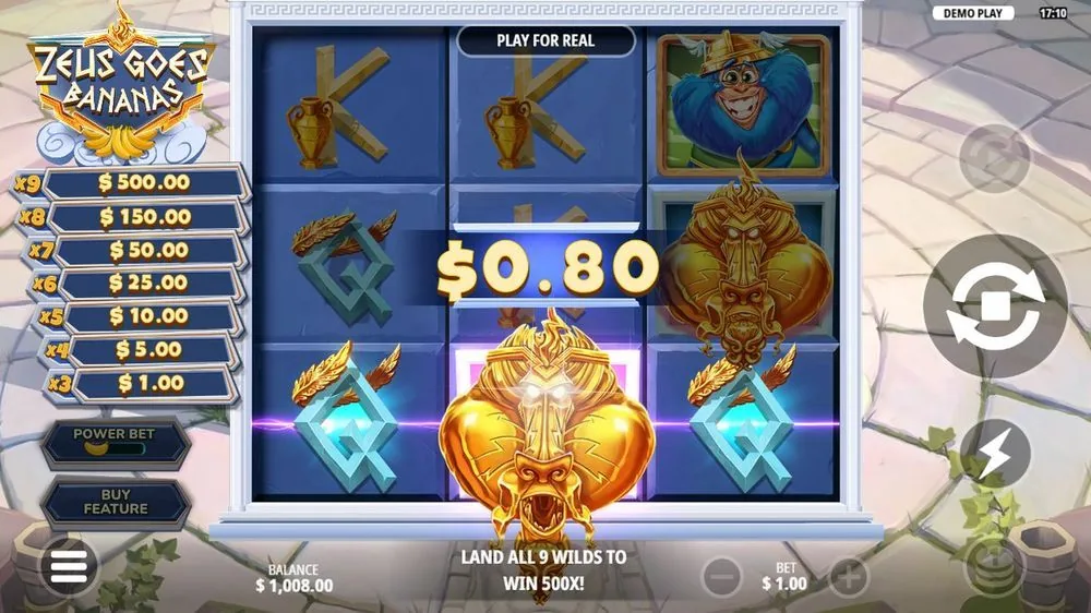 Een gouden Zeus-Wild landt en levert $ 0,80 op; de tekst onderin bevestigt de inzet: LAND ALL 9 WILDS TO WIN 500X! Dat is meteen de kern van het spel — het volle raster is de topprijs.