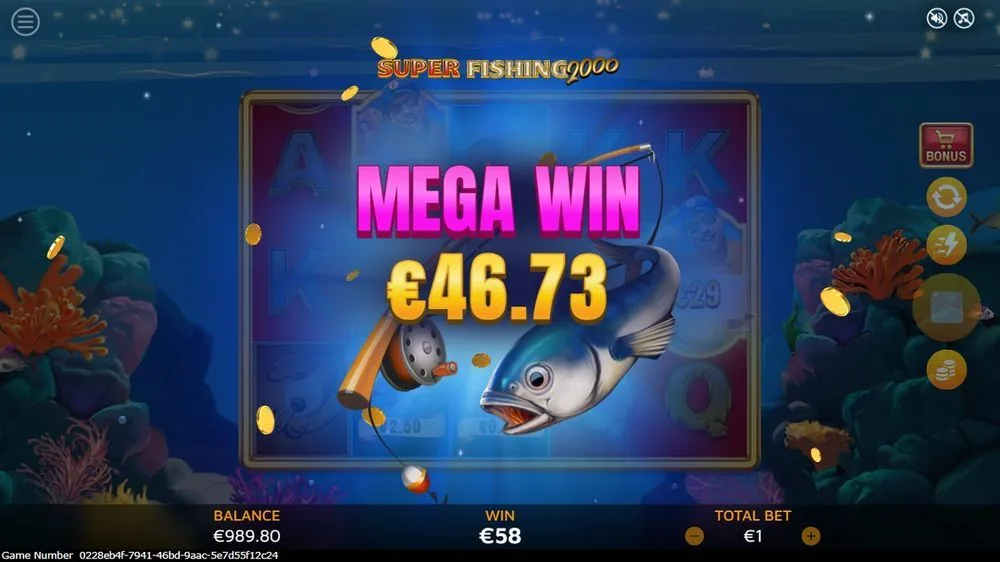 De goede kant: een MEGA WIN van € 46,73 bij € 1,00 inzet, met de teller die doortikt naar € 58. Dit is het soort moment waar het vis-en-verzamel-model op mikt — één ronde waarin de bedragen samenkomen.