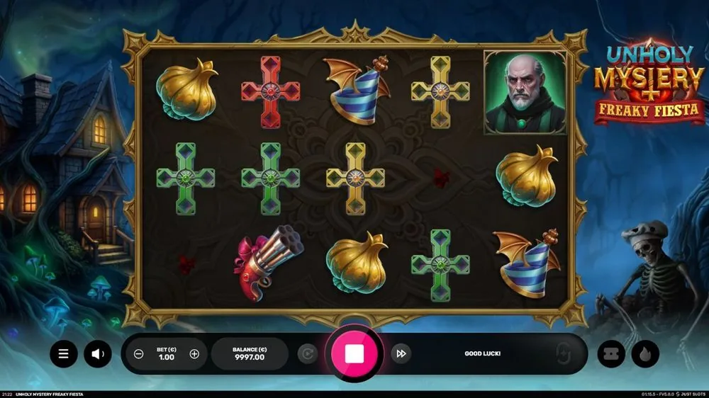 Het basisspel: 5×3-raster in de gotische lijst, met kruissymbolen, gouden knoflook, een revolver en de kale magiër. Balans € 9997,00 bij € 1 inzet — 'GOOD LUCK!'. Rustig zoeken naar de eerste combinaties.