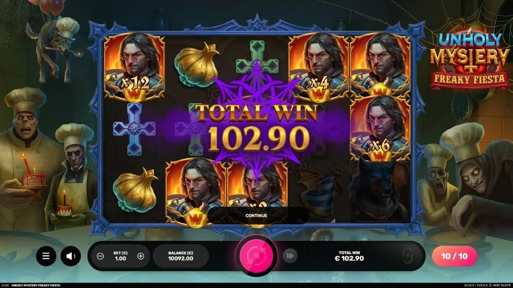 Andere ronde, wél raak: dezelfde sticky wilds (x12, x4, x6, x2) tellen samen op tot een TOTAL WIN van € 102,90 bij € 1 inzet. Dít is het moment waarvoor je die bonus koopt.