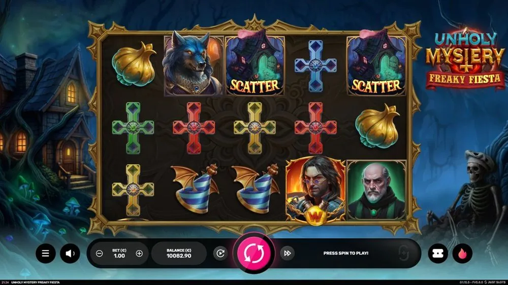 Twee spookhuis-scatters op het scherm, met de weerwolf ernaast: dit is de bijna-trigger. Drie of meer scatters starten de free spins. 'PRESS SPIN TO PLAY!'