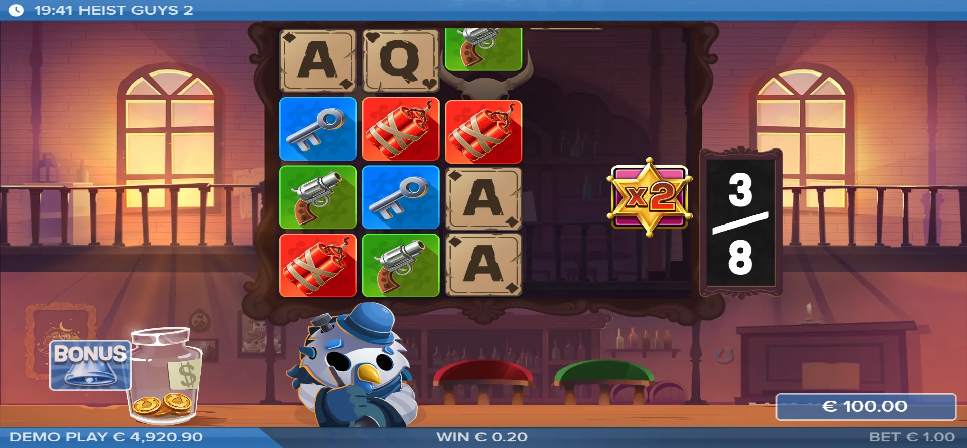 Andere ronde, free spins in volle gang (nog 3 van 8): de multiplier bleef op x2 steken en de winst was € 0,20. Zo werkt zo'n wandelende-Wild-feature — soms klimt de ladder, soms blijft-ie plat. Dat verzwijg ik niet.